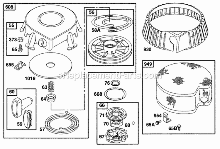 Rewind Assy Diagram and Parts List for  Briggs and Stratton Engine